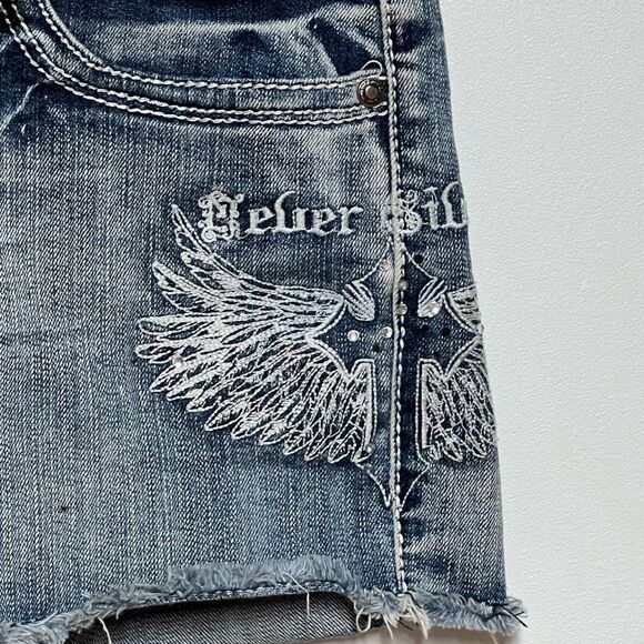 Cowgirl Tuff “ A Wing And A Prayer “ distressed Denim Embossed Shorts Sz 29 - Picture 2 of 7